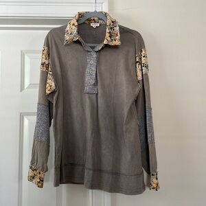 POL Oversized Collared Henley NWOT Iron Grey & floral - Size Small